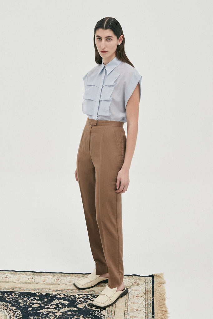 Luxe sleeveless shirt blouse in Cotton | Silk from Australian designer PALMA MARTÎN.  Featuring a confident silhouette with wide shoulders, and front ruffle detail. 